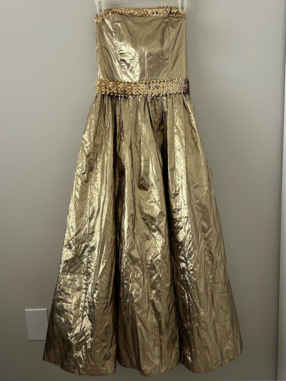 Vintage JCPenney Metallic Gold Sequin Strapless Long Formal Dress Gown 80s Prom